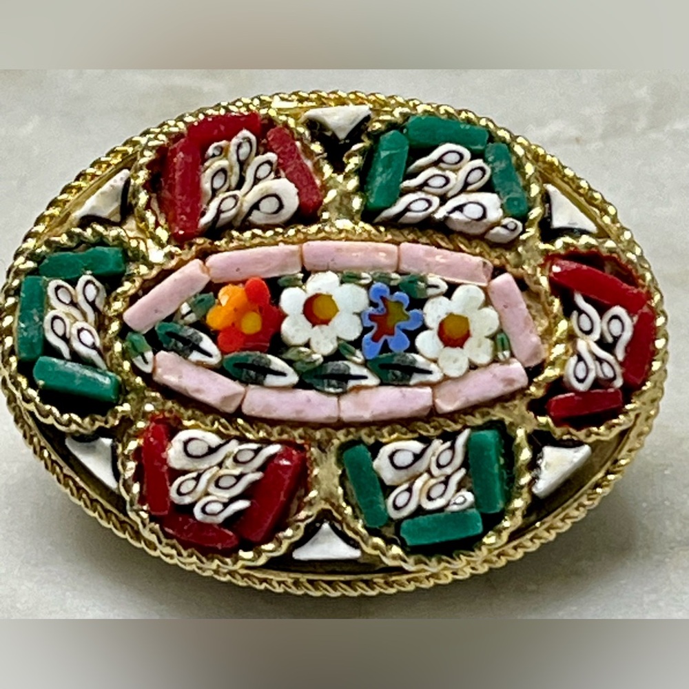 Vintage Italian Micro-Mosaic Colorful Glass Brooch w/ Flowers